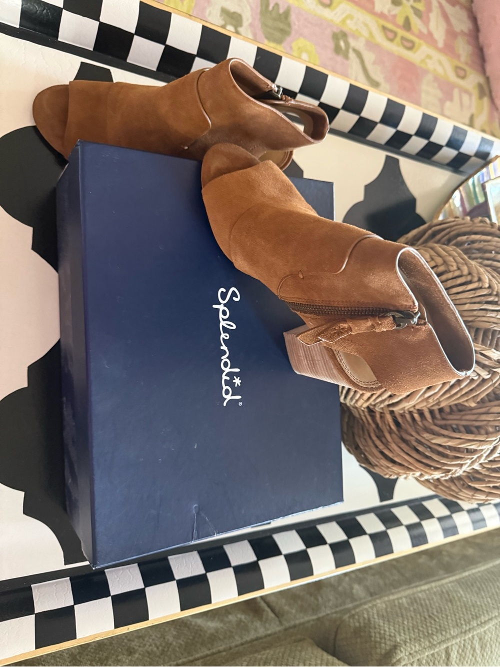 Splendid Tan Suede Peep-Toe Stacked Heel Ankle Boots - Picture 11 of 11